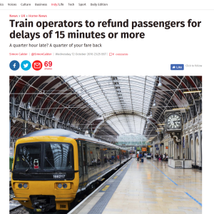 Train operators to refund passengers for delays of 15 minutes or more
